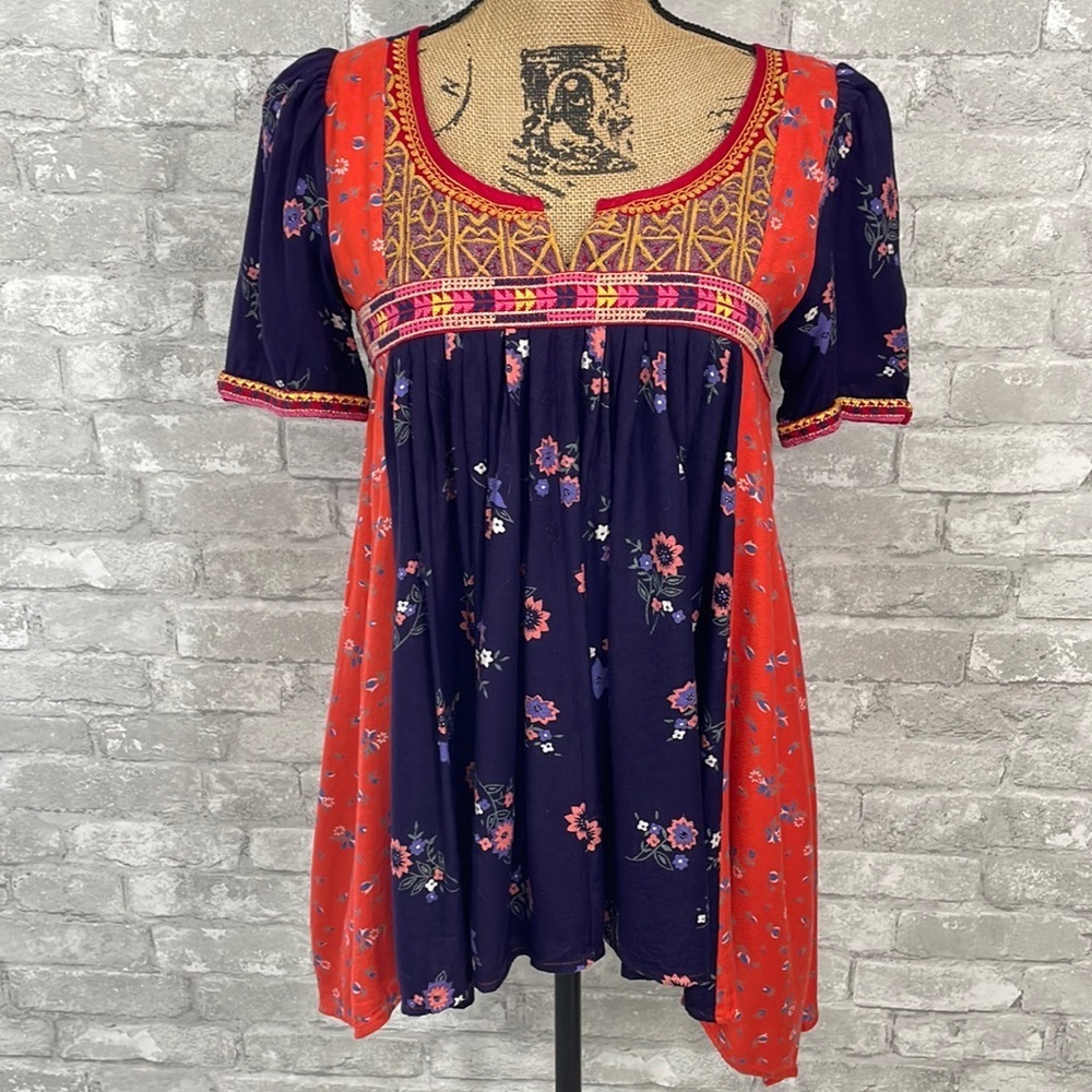 Anthropologie Navy & Orange Floral Embroidered Peasant Tunic